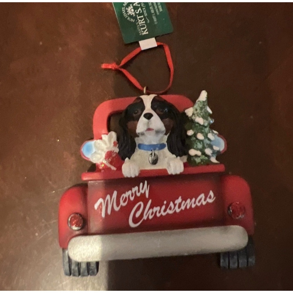 Kurt S Adler Cavalier King Charles Spaniel Red Truck Christmas Ornament